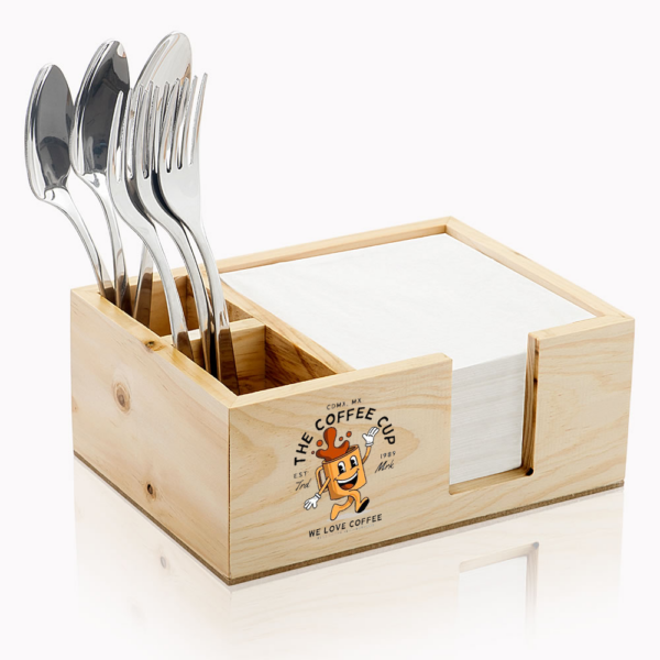 Organizador de mesa modelo EMERITA para disposición de utensilios en mesas de restaurantes vista con personalización y cubiertos