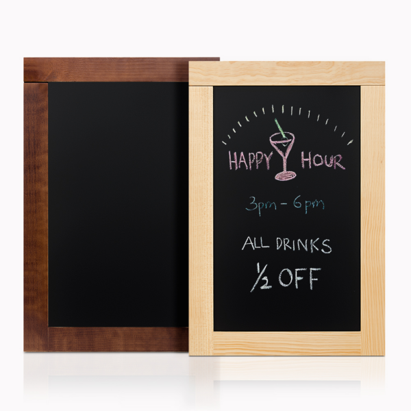 Pizarra de pared MALAKA 60×40 cm de madera de nogal o pino, con tablero reversible, personalizable a doble cara vista con personalización