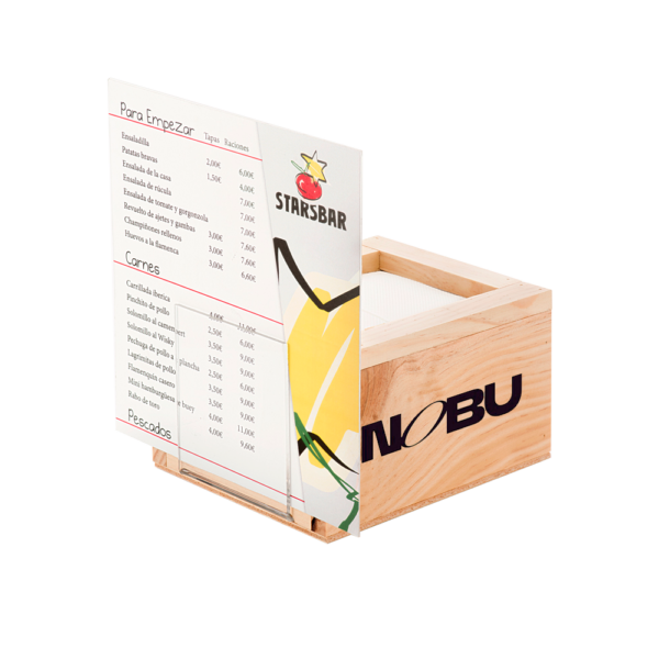 Servilletero BARCINO de madera con portacarta, personalizable, ideal para establecimientos de hostelería vista con personalización