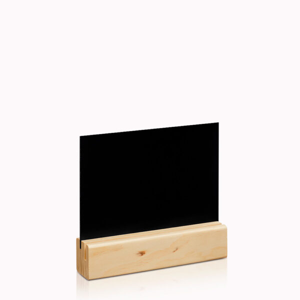 Pizarra de mesa POMPAELO A5 horizontal de madera con ranura porta menús, personalizable, disponible en pino vista lateral