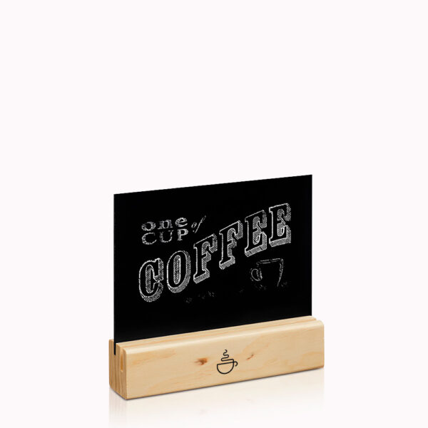 Pizarra de mesa POMPAELO A5 horizontal de madera con ranura porta menús, personalizable, disponible en pino vista con personalización