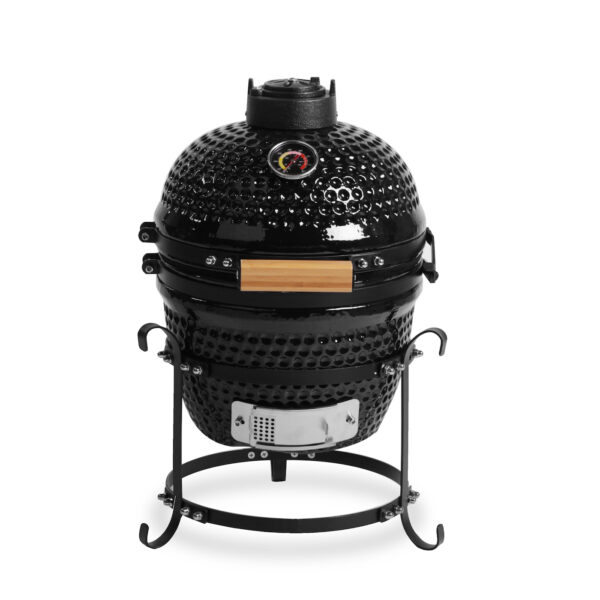 Barbacoa KAMADO Mini de cerámica negra, ideal para asar y ahumar en espacios pequeños vista frontal