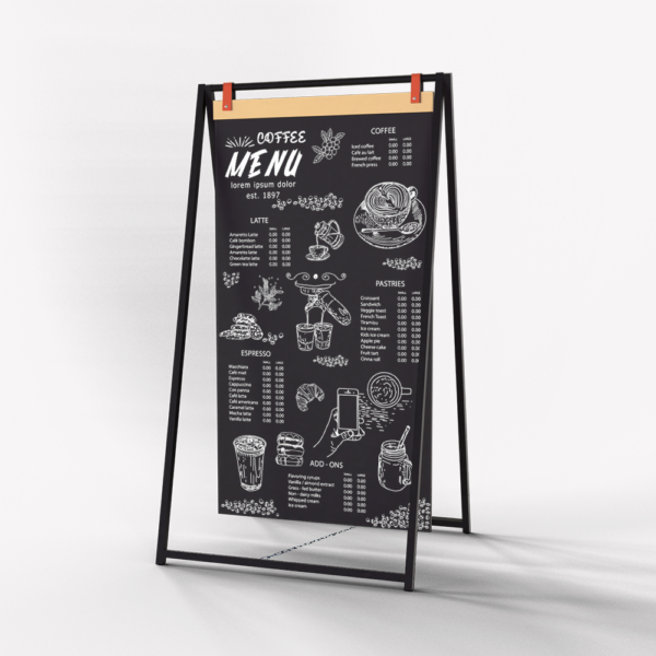 Pizarra de caballete negra metálica personalizada modelo OSCA para bares y restaurantes vista lateral